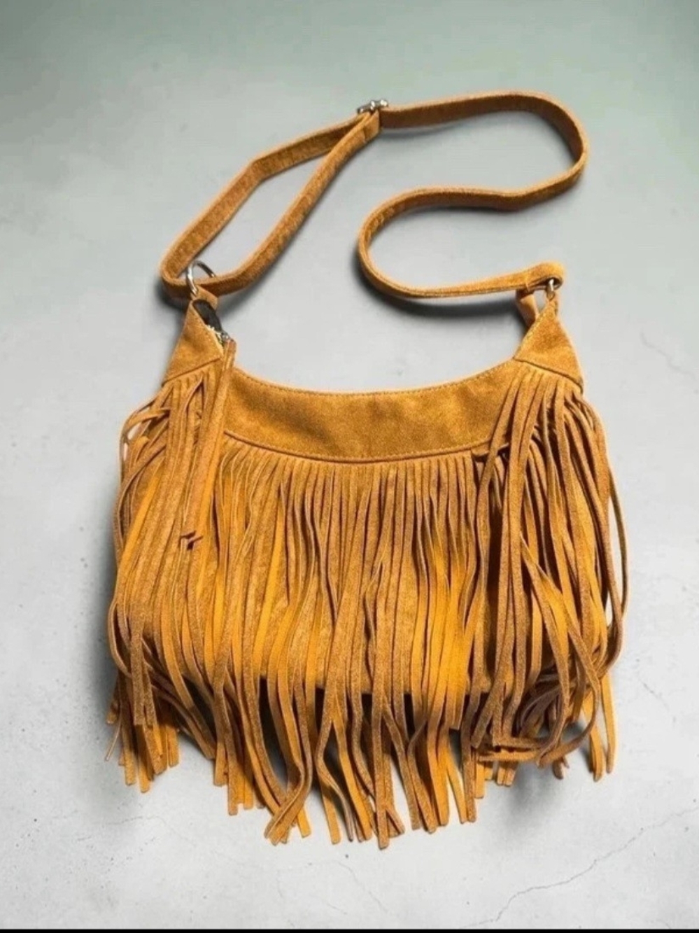 Suede Fringe Crossbody Bag in Mustard Yellow